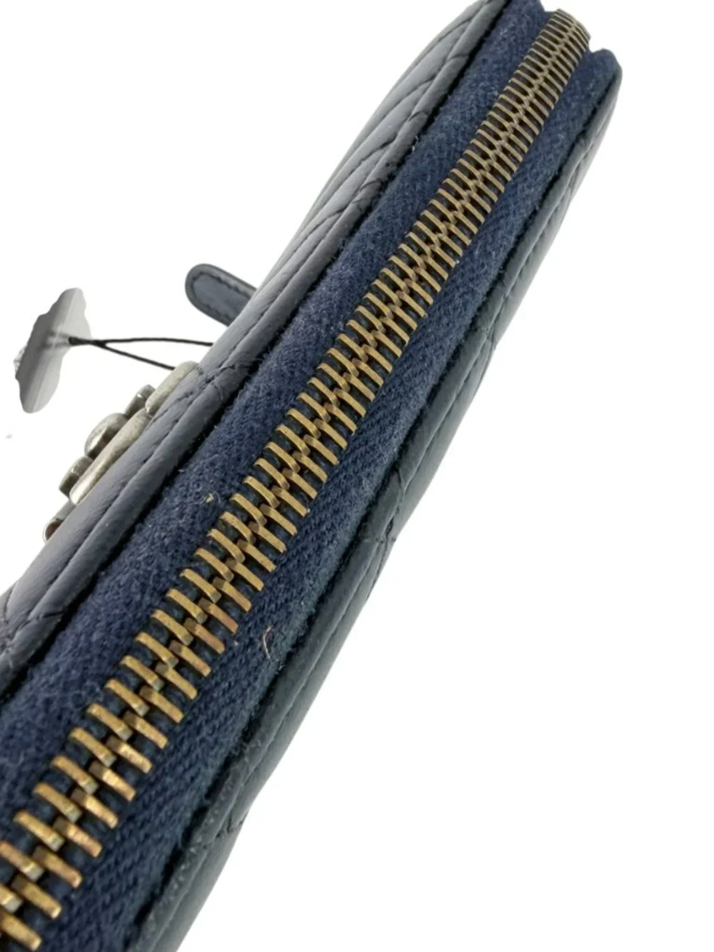 CHANEL Authentic Chevron and Diamond Quilted Navy Blue Leather Zippy Wallet
